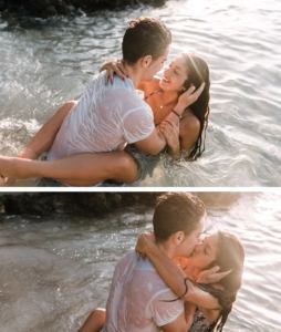 photoshooting in the water by Mallorca Couple Photographer romany flower- couple kissing