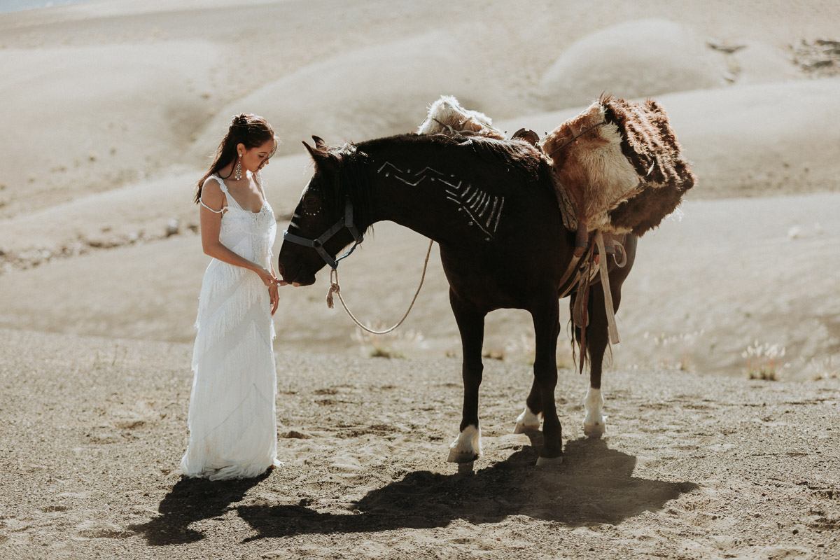 picture by wedding photographer in Chile: bride with horse in the pristine wilderness of the Chilean mountains