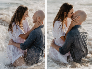 lovers in the surf - passionate couple photo by engagement photographer in Cala Ratjada