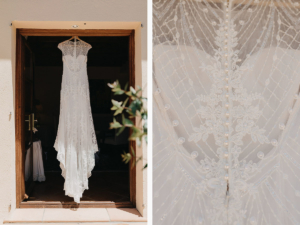 Deia wedding: Beautiful wedding dress haning from doorframe at Belmond de La Residencia