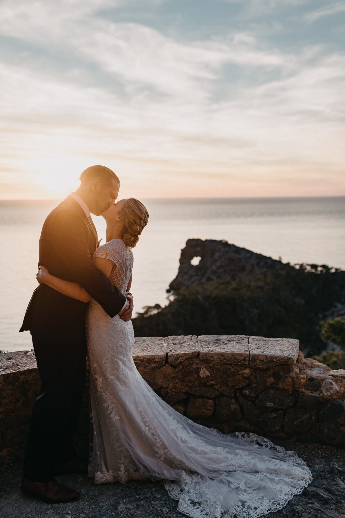 bride and groom at sunset elopement in Deia