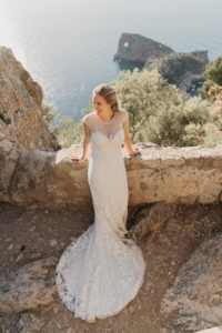 Bride in front of stunning scenery at her Mallorca elopement