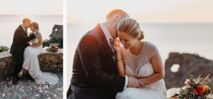 adventure wedding in Europe: bride and groom enjoying sunset