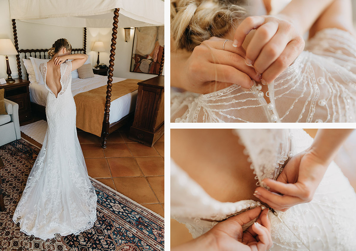 Deia wedding photography - Bride putting on her Wedding dress in Superior Suite of Belmond de la Residencia