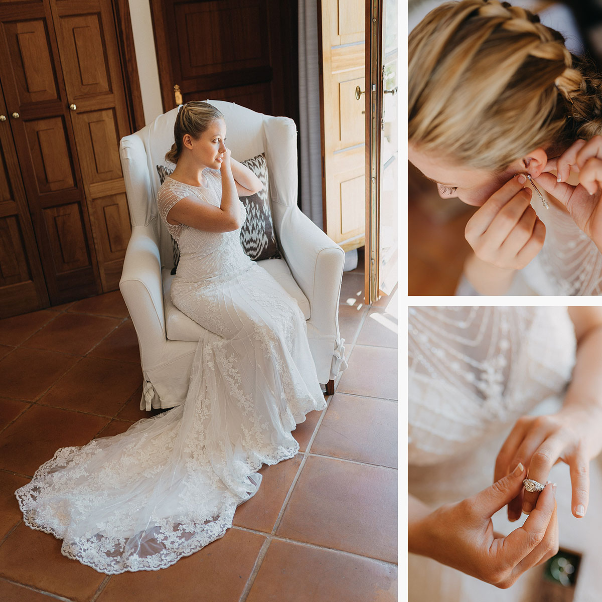 Spain elopement photography - bride at final steps of getting ready for her wedding, ridal portraits before the ceremony