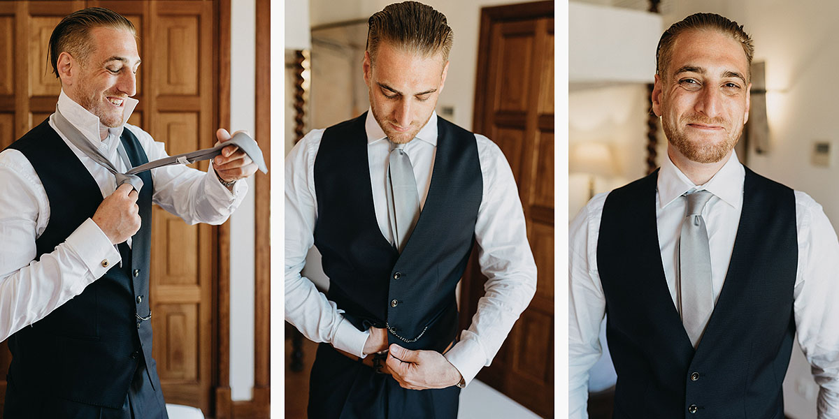 Spain hiking elopement: Groom getting ready for the wedding day